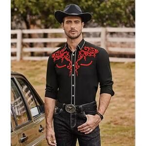 COOFANDY Mens Western Cowboy Button Up Shirt Sz Large Long Sleeve Embroidered